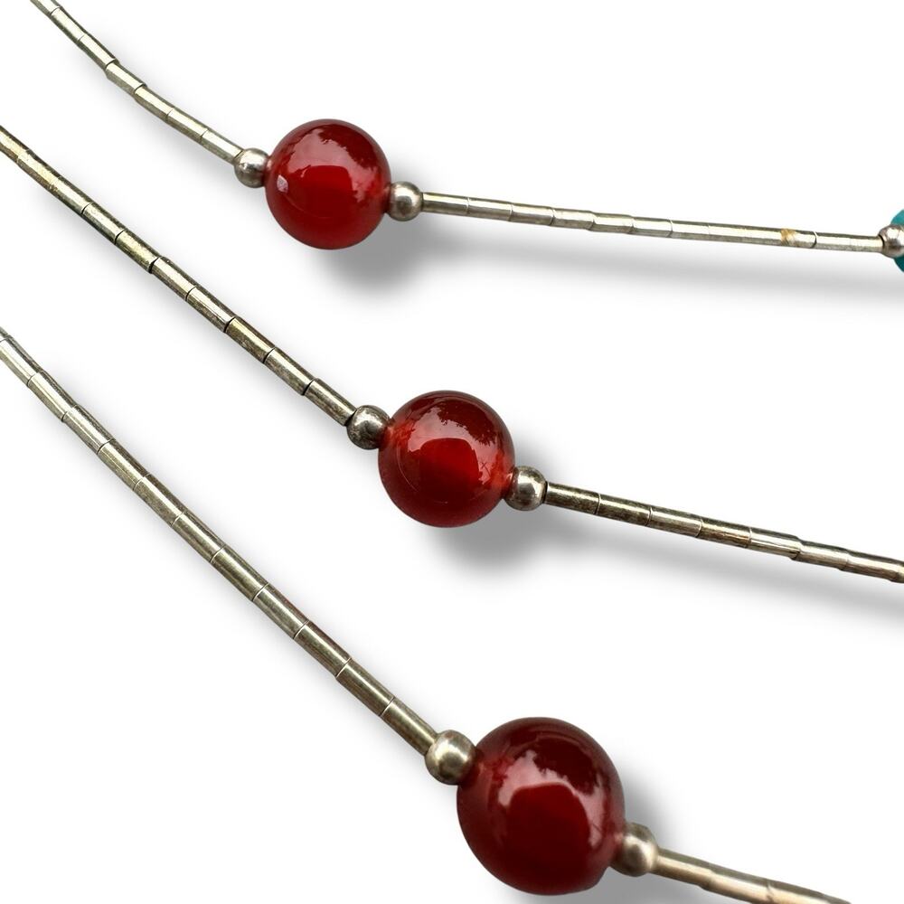 Sterling Liquid Silver Necklace Layered Turquoise Carnelian 925 Native Navajo - Picture 4 of 7
